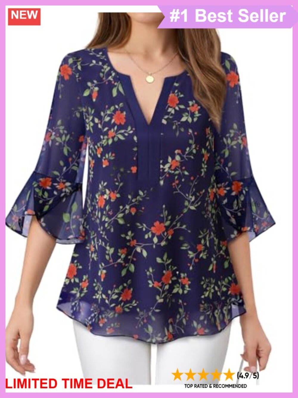 Womens Chiffon Blouse 3/4 Sleeve V-Neck Floral Boho Work Top